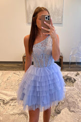 Misshow Lilac A Line One Shoulder Corset Short Homecoming Dress/Mini Dress