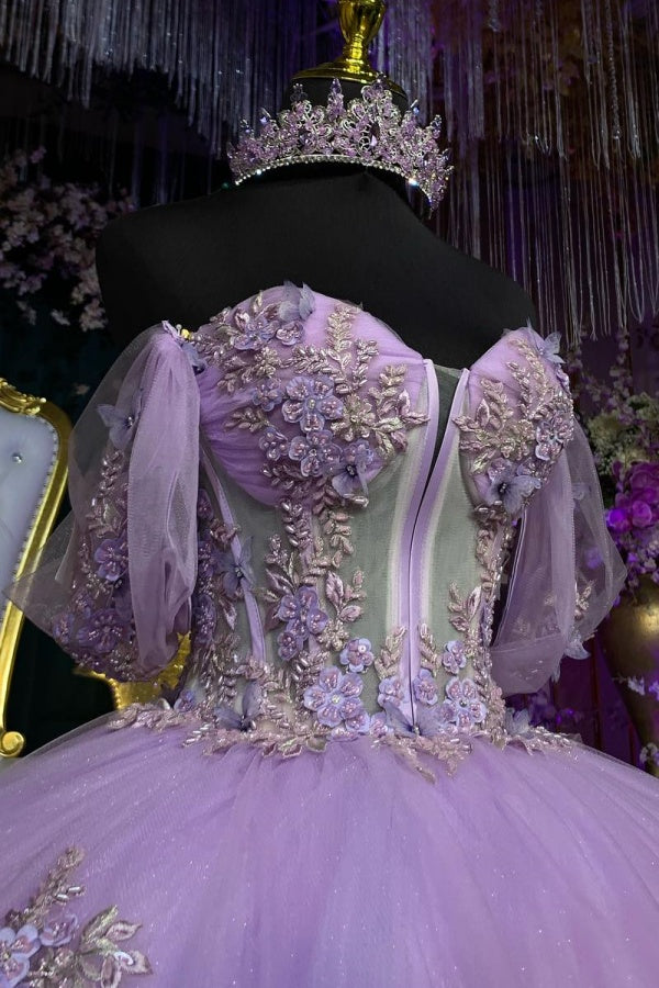 Misshow Lilac Ball Gown Off-Shoulder Sleeveless Quinceanera Dress with 3D Floral Appliques & Beaded Shawl for Formal Evenings