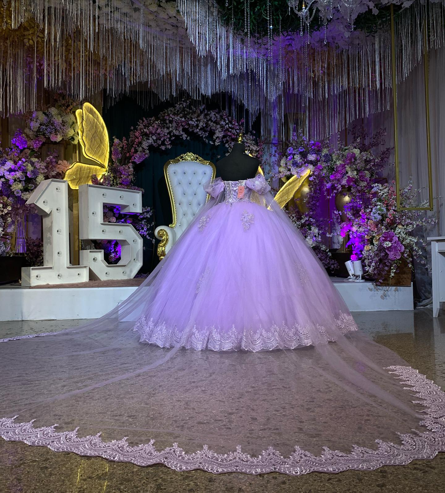 Misshow Lilac Ball Gown Off-Shoulder Sleeveless Quinceanera Dress with 3D Floral Appliques & Beaded Shawl for Formal Evenings