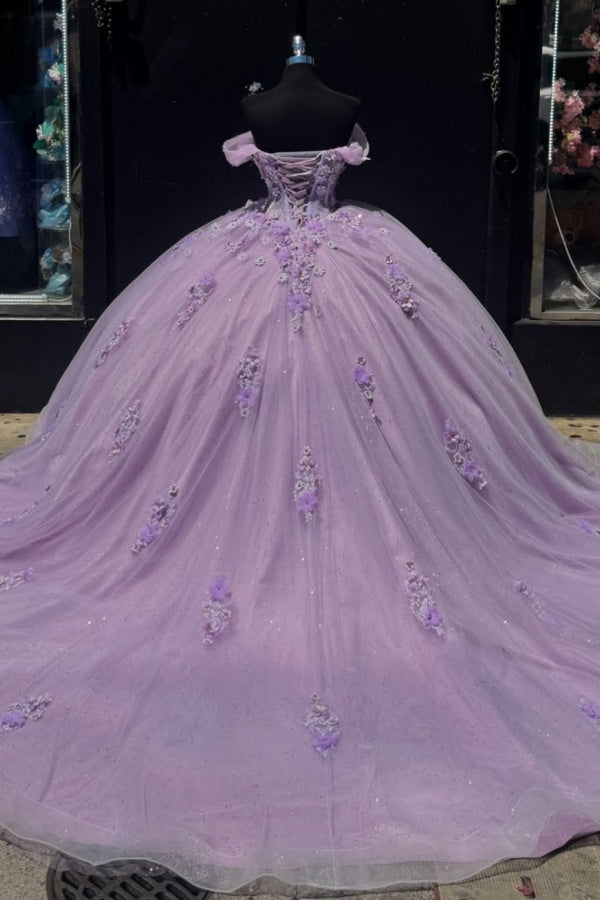 Misshow Lilac Ball Gown Off-Shoulder Sparkly Tulle Quinceanera Dress with 3D Floral Appliques for Sweet 16 & Formal Events