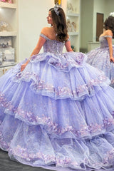 Misshow Lilac Sparkle Ball Gown Off-Shoulder Beaded Quinceanera Dress with 3D Floral Appliques & Tiered Tulle Skirt for Sweet 16 & Birthday Parties
