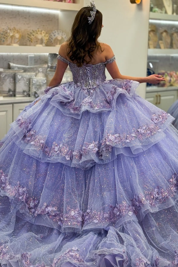 Misshow Lilac Sparkle Ball Gown Off-Shoulder Beaded Quinceanera Dress with 3D Floral Appliques & Tiered Tulle Skirt for Sweet 16 & Birthday Parties