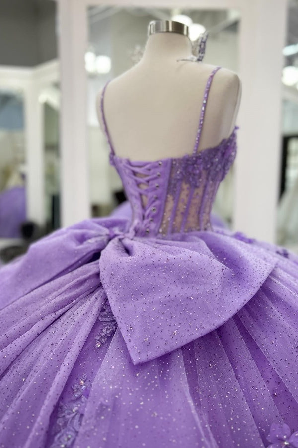 Misshow Lilac Sparkle Ball Gown Sweetheart Neckline with 3D Beaded Flowers & Pleated Bow for Quinceanera Sweet 16 or Princess Birthday Party