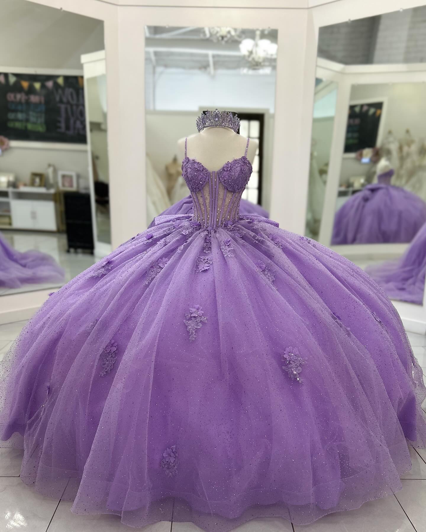 Misshow Lilac Sparkle Ball Gown Sweetheart Neckline with 3D Beaded Flowers & Pleated Bow for Quinceanera Sweet 16 or Princess Birthday Party