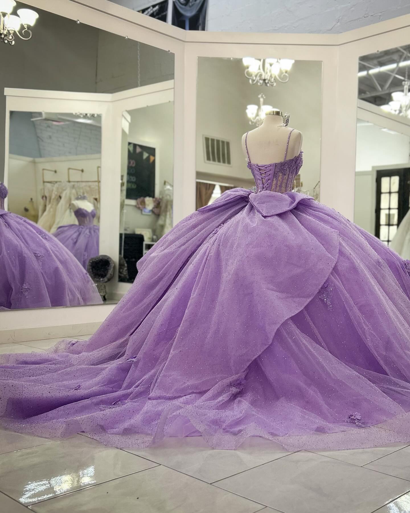 Misshow Lilac Sparkle Ball Gown Sweetheart Neckline with 3D Beaded Flowers & Pleated Bow for Quinceanera Sweet 16 or Princess Birthday Party
