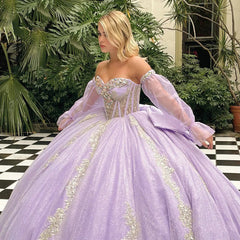 Misshow Lilac Tulle Princess Ball Gown Strapless Long Sleeves with Lace Appliques & Beaded Bow for Quinceanera Sweet 16 & Evening Galas