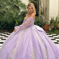 Misshow Lilac Tulle Princess Ball Gown Strapless Long Sleeves with Lace Appliques & Beaded Bow for Quinceanera Sweet 16 & Evening Galas