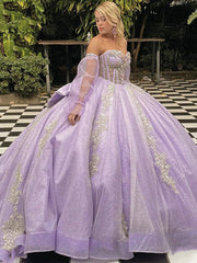 Misshow Lilac Tulle Princess Ball Gown Strapless Long Sleeves with Lace Appliques & Beaded Bow for Quinceanera Sweet 16 & Evening Galas
