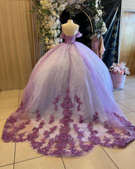 Misshow Lilac Tulle Quinceanera Dress Off-Shoulder Ball Gown with Sequins Beaded Floral Lace Appliques for Sweet 16 & Birthday Parties