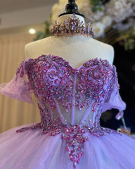 Misshow Lilac Tulle Quinceanera Dress Off-Shoulder Ball Gown with Sequins Beaded Floral Lace Appliques for Sweet 16 & Birthday Parties