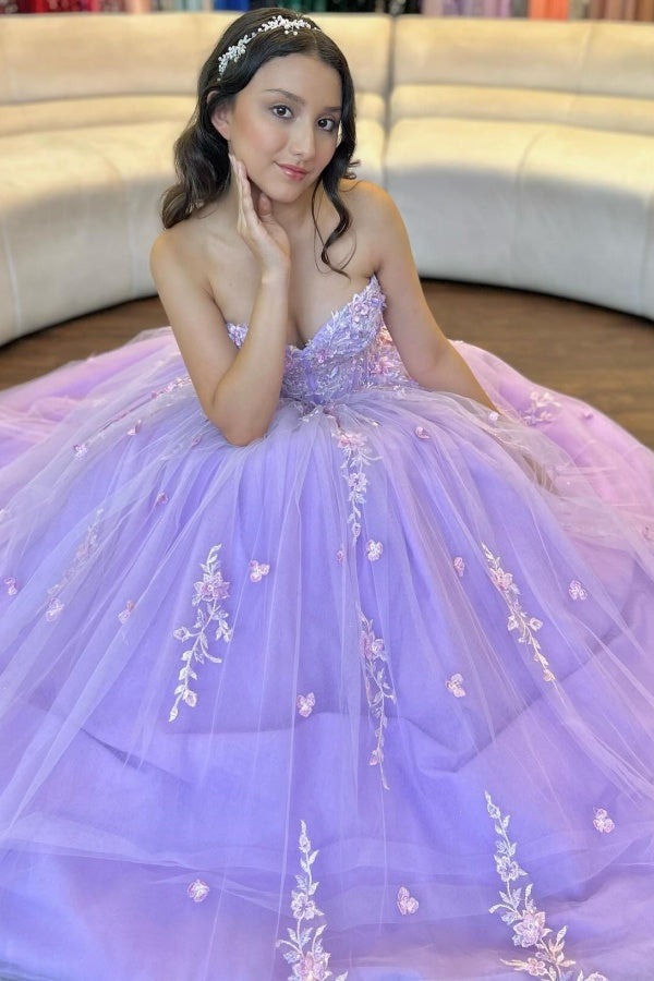 Misshow Lilac Tulle Quinceanera Dress Strapless Ball Gown with Floral Appliques & Detachable Shawl for Sweet 16 Birthday & Evening Events