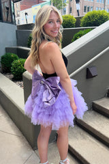 Misshow Lilac V-Neck A-Line Halter Tiered Short Homecoming Dress/Mini Dress With Bow