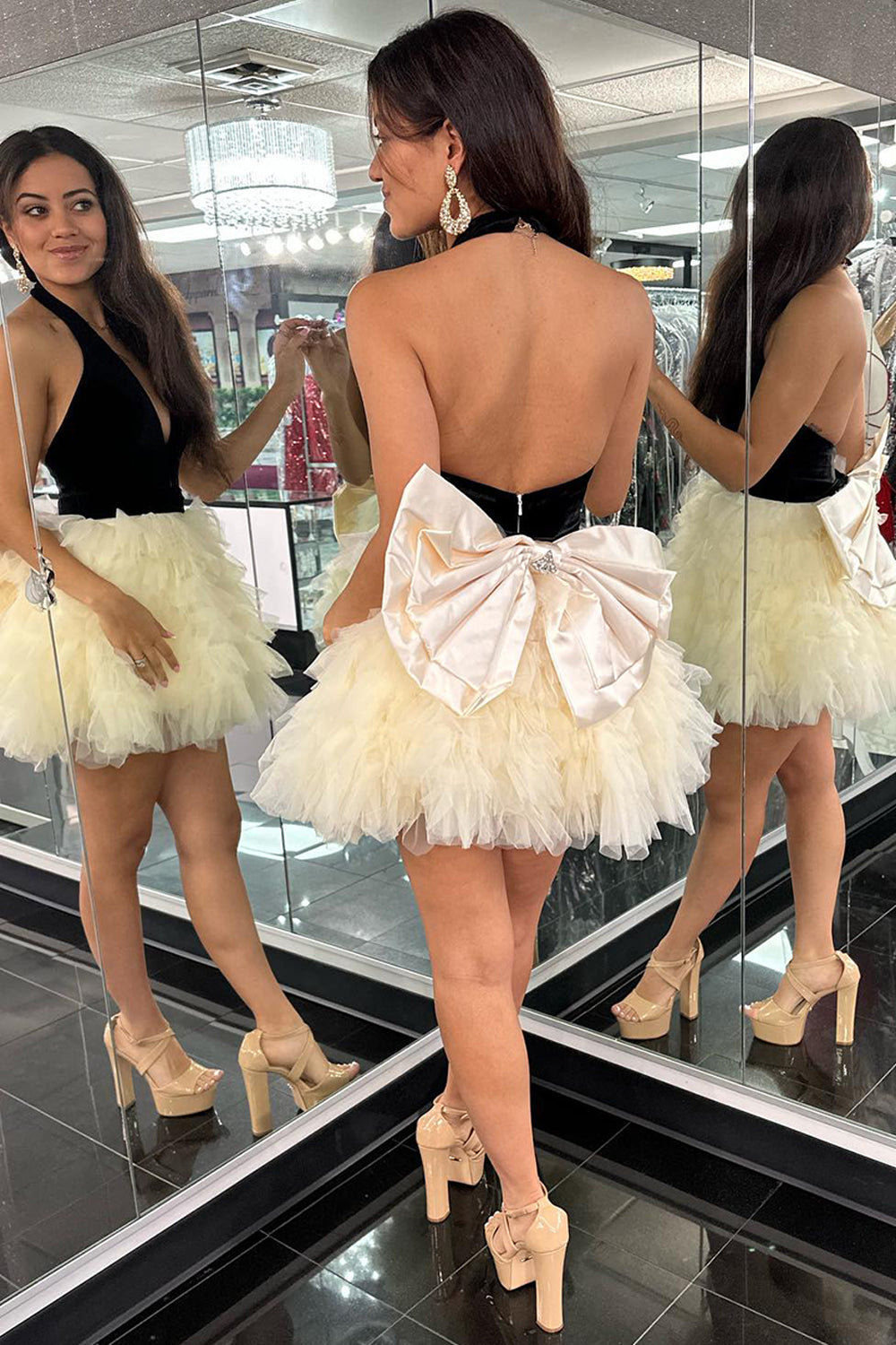 Misshow Lilac V-Neck A-Line Halter Tiered Short Homecoming Dress/Mini Dress With Bow