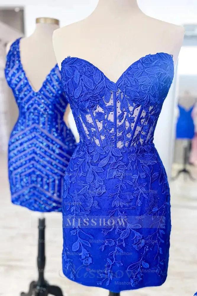 Royal blue sweetheart lace bodycon homecoming dress