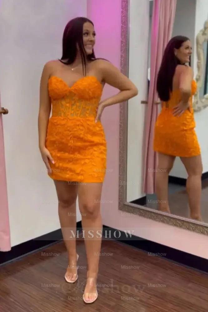 Orange sweetheart lace bodycon homecoming dress