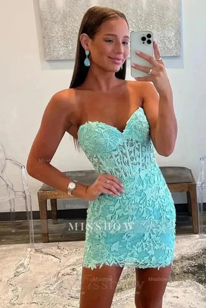 Mint sweetheart lace bodycon homecoming dress