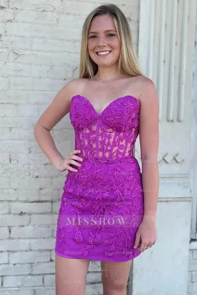 Magenta sweetheart lace bodycon homecoming dress