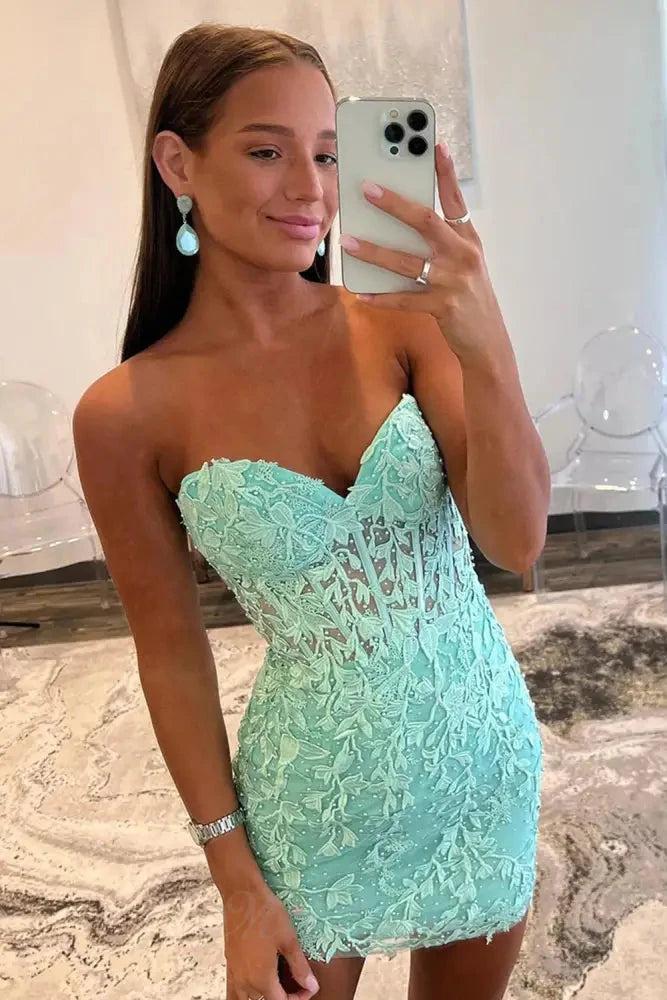 Mint sweetheart lace bodycon homecoming dress