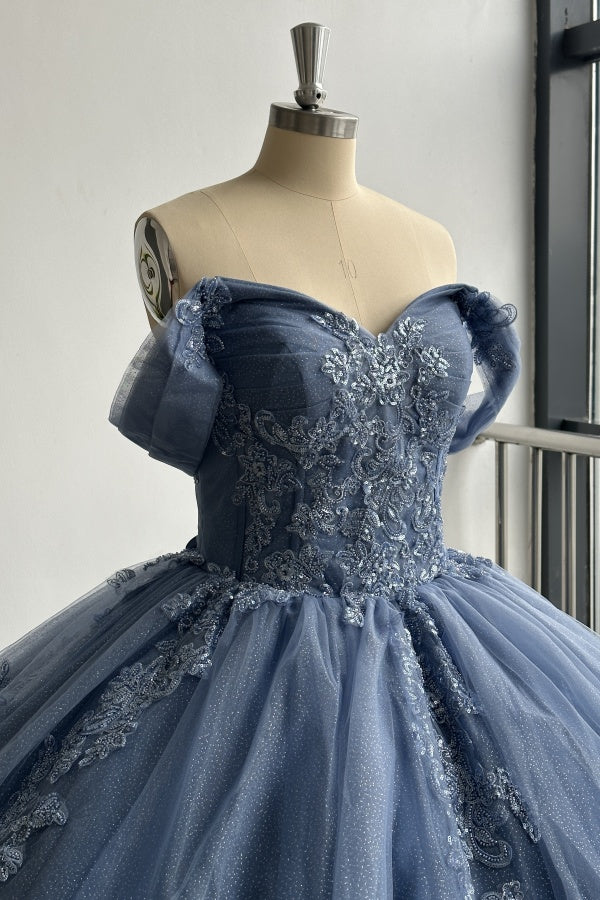 Misshow Navy Blue Sweet 16 Ball Gown Off-Shoulder Beaded Tulle Quinceanera Dress with Lace-Up Back for Birthday & Formal Events