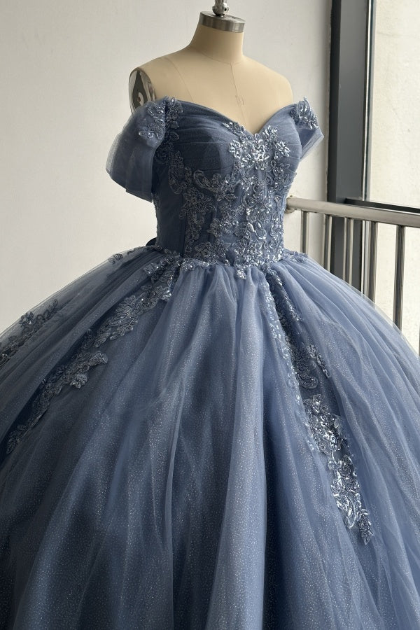 Misshow Navy Blue Sweet 16 Ball Gown Off-Shoulder Beaded Tulle Quinceanera Dress with Lace-Up Back for Birthday & Formal Events