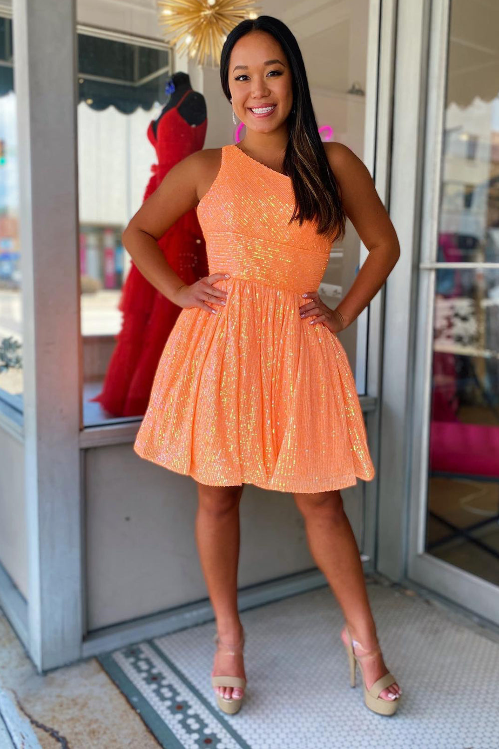 Misshow Navy Sequins One Shoulder A-Line Short Homecoming Dress/Mini Dress