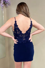 Misshow Navy Spaghetti Straps Tight Short Homecoming Dress/Mini Dress with Lace
