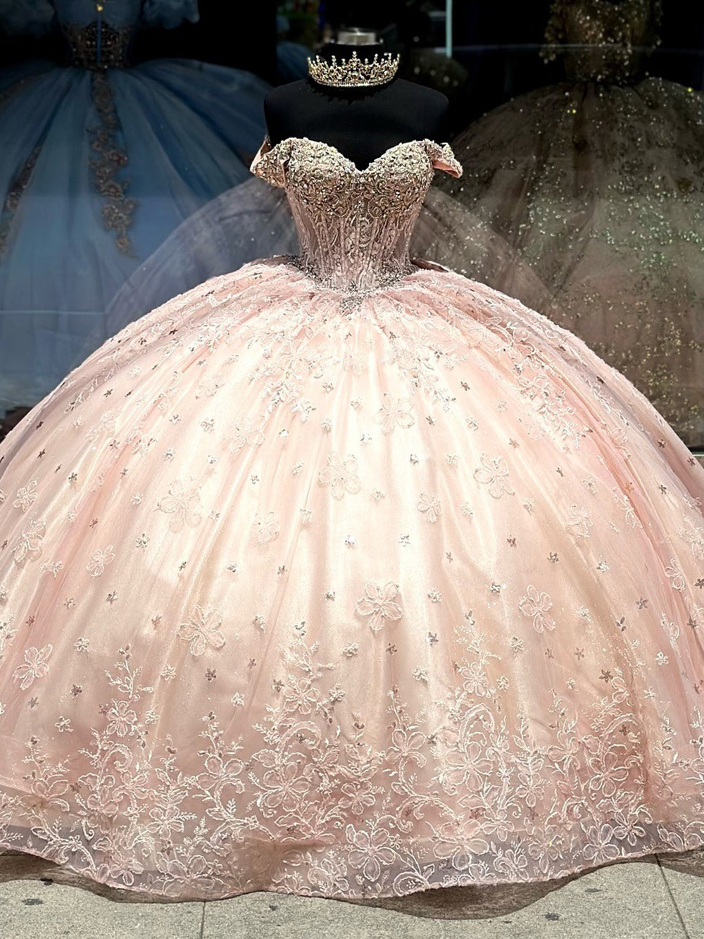 Misshow Off-Shoulder Ball Gown 3D Floral Applique & Beaded Pink Tulle Quinceanera Dress for Princess Parties & Sweet 16 Celebrations
