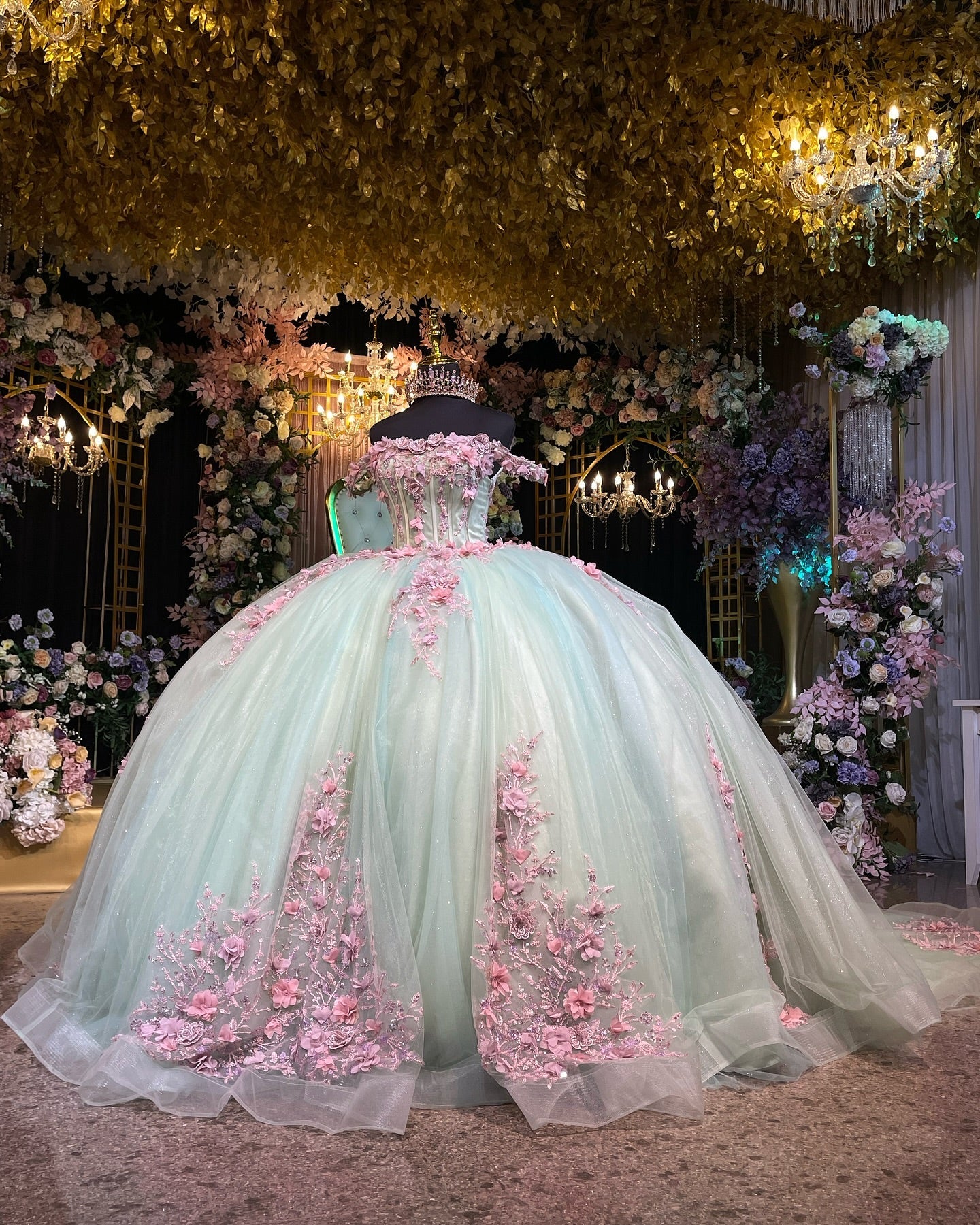 Misshow Off-Shoulder Ball Gown 3D Pink Floral Pleated Sparkle Tulle Quinceanera & Sweet 16 Birthday Party Dress