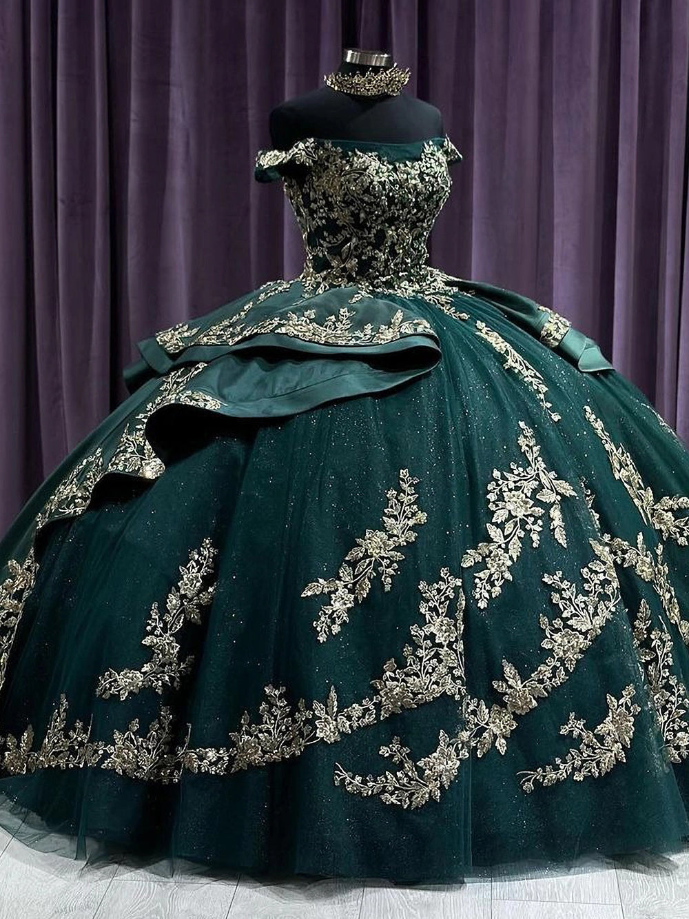 Misshow Off-Shoulder Ball Gown Beaded Lace Appliques on Emerald Tulle for Quinceanera Sweet 16 & Formal Events