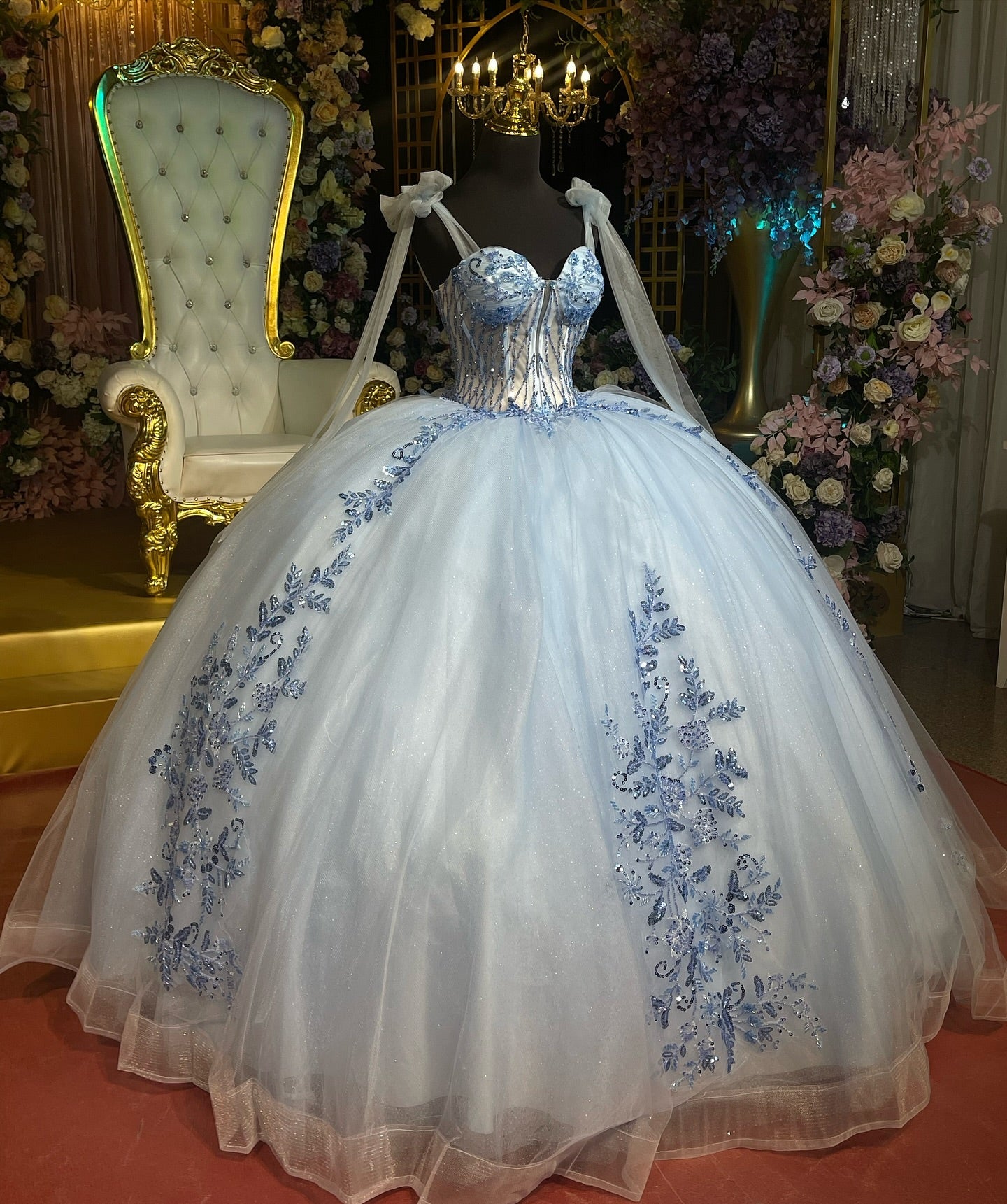 Misshow Off-Shoulder Ball Gown Beaded Sequins & Baby Blue Tulle Formal Dress for Quinceanera Sweet 16 and Evening Events