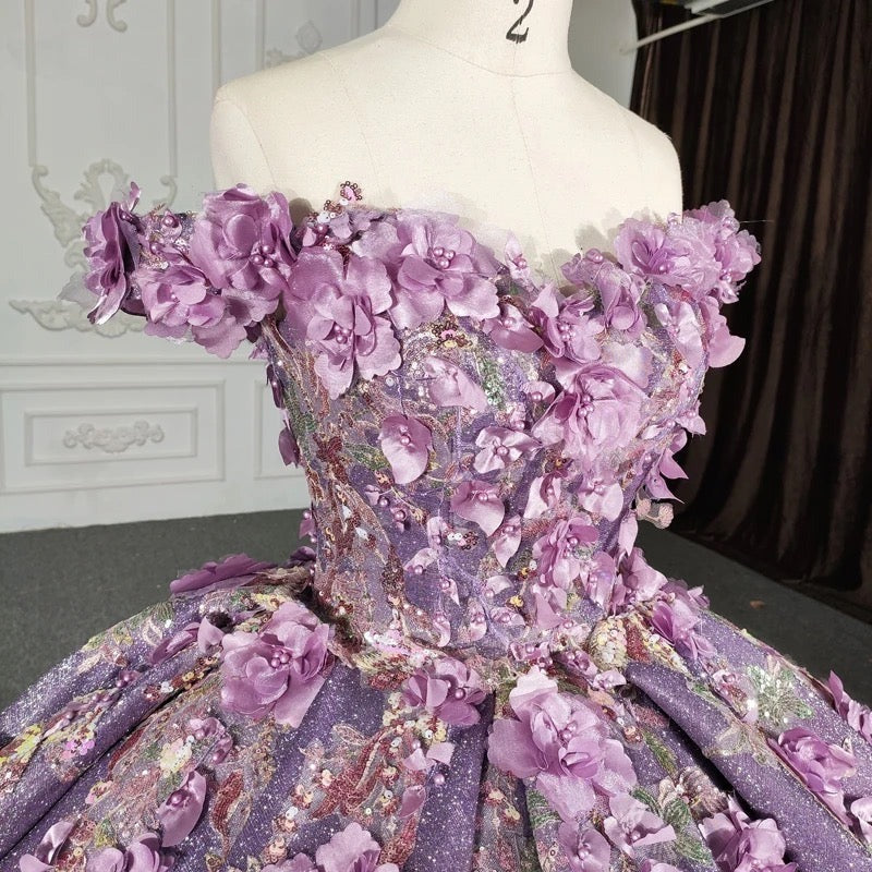 Misshow Off-Shoulder Ball Gown Floral Lace Appliques & Beaded Purple Tulle Quinceanera Dress for Sweet 16 & Princess Birthday Parties
