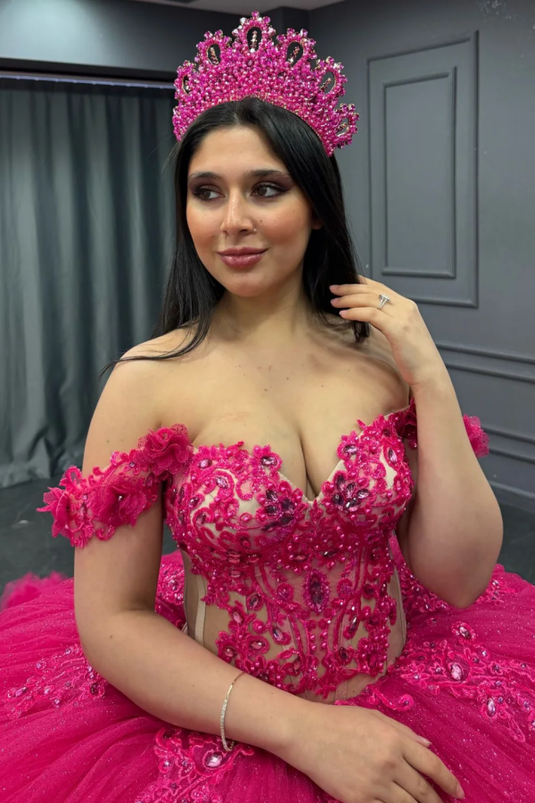 Misshow Off-Shoulder Ball Gown Hot Pink Beaded Tulle Quinceanera & Birthday Party Dress