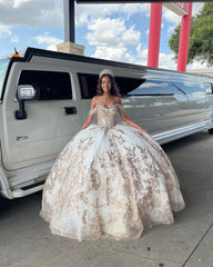 Misshow Off-Shoulder Ball Gown Lace Applique & Beaded Tulle Princess Dress for Quinceanera Sweet 16 & Birthday Galas