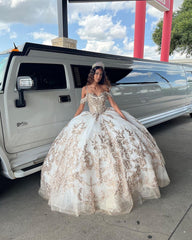 Misshow Off-Shoulder Ball Gown Lace Applique & Beaded Tulle Princess Dress for Quinceanera Sweet 16 & Birthday Galas