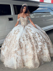 Misshow Off-Shoulder Ball Gown Lace Applique & Beaded Tulle Princess Dress for Quinceanera Sweet 16 & Birthday Galas