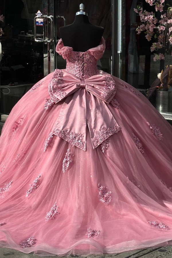 Misshow Off-Shoulder Ball Gown Sparkling Pink Tulle Quinceanera Dress with Appliques & Pleats for Sweet 16 & Birthday Parties