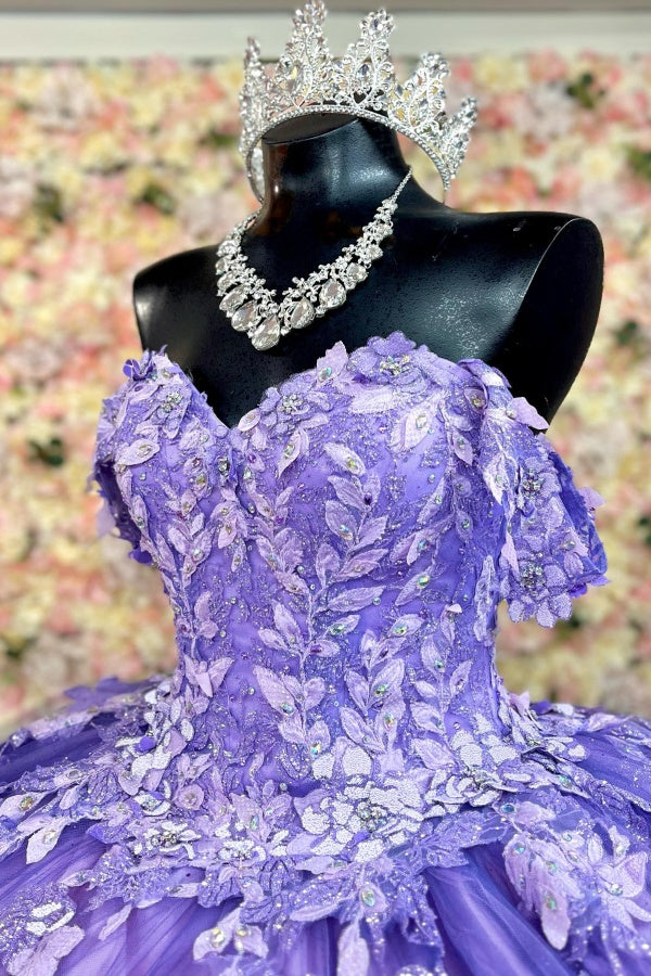 Misshow Off-Shoulder Ball Gown Sparkling Purple Sequins & Lace-Up Tulle Quinceanera Dress for Sweet 16 & Birthday Parties