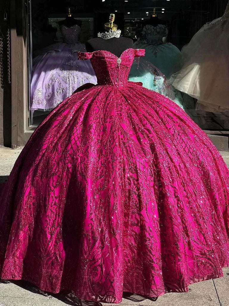 hot pink sweet 16 dresses Misshow Off-Shoulder Ball Gown Sweetheart Neckline Hot Pink Tulle Quinceanera Dress for Princess Evening & Sweet 16 Parties