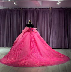 Misshow Off-Shoulder Ball Gown Sweetheart Neckline with Long Sleeves Lace Appliques & Beaded Details in Hot Pink Tulle for Quinceanera Sweet 16 or Princess Party