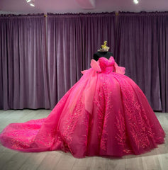 Misshow Off-Shoulder Ball Gown Sweetheart Neckline with Long Sleeves Lace Appliques & Beaded Details in Hot Pink Tulle for Quinceanera Sweet 16 or Princess Party