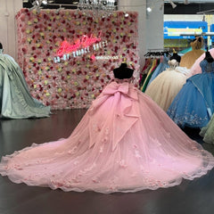 Misshow Off-Shoulder Ball Gown with 3D Floral Applique & Sparkly Tulle Perfect for Quinceanera Sweet 16 & Formal Events