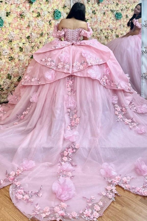 Misshow Off-Shoulder Ball Gown with 3D Floral Appliques Pink Tulle Quinceanera Dress for Princess-Themed Sweet 16 & Birthday Parties