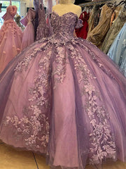 Misshow Off-Shoulder Ball Gown with 3D Floral Lace Appliques Glitter & Luxury Quinceanera Dress for Sweet 16 & Birthday Parties