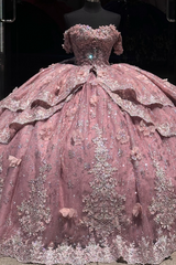 Misshow Off-Shoulder Ball Gown with Beaded Appliques 3D Floral Ruffles and Sparkly Pink Tulle for Quinceanera & Sweet 16 Celebrations