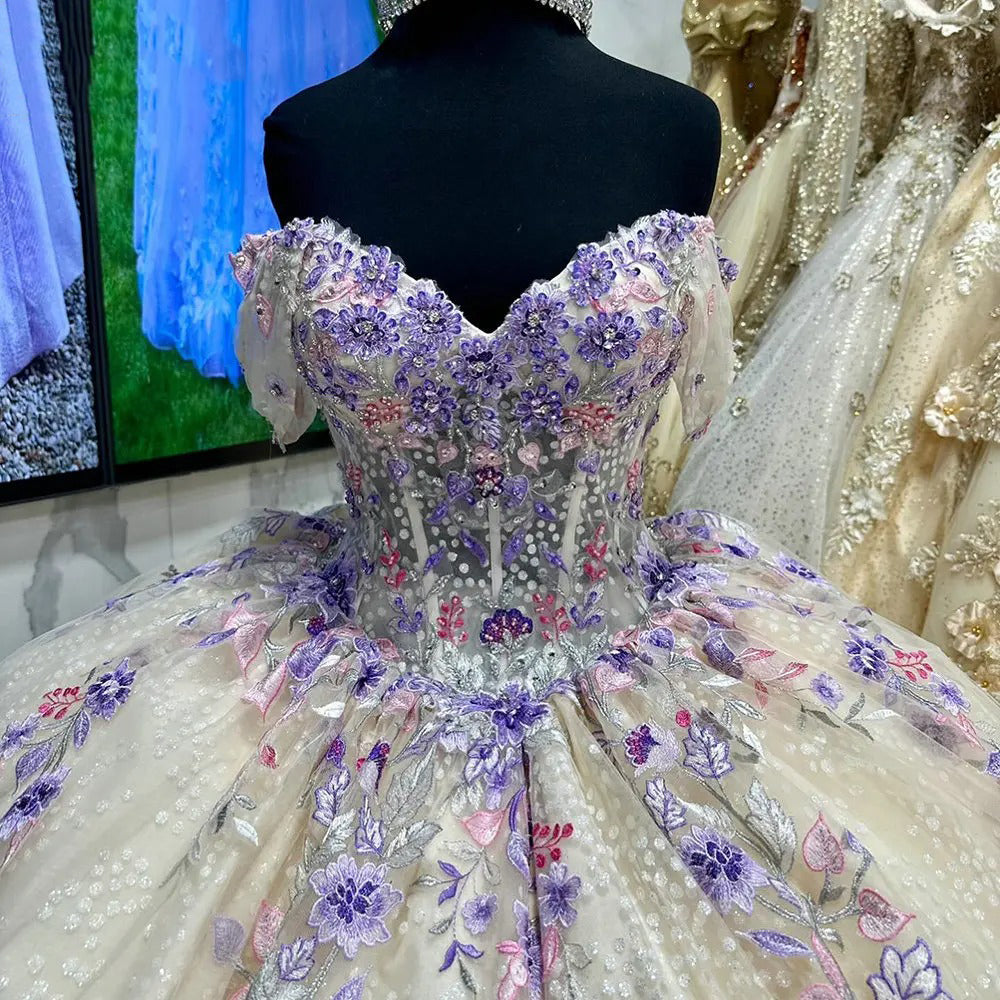 Misshow Off-Shoulder Ball Gown with Beaded Floral Lace Appliques Princess Quinceanera & Sweet 16 Birthday Party Dress
