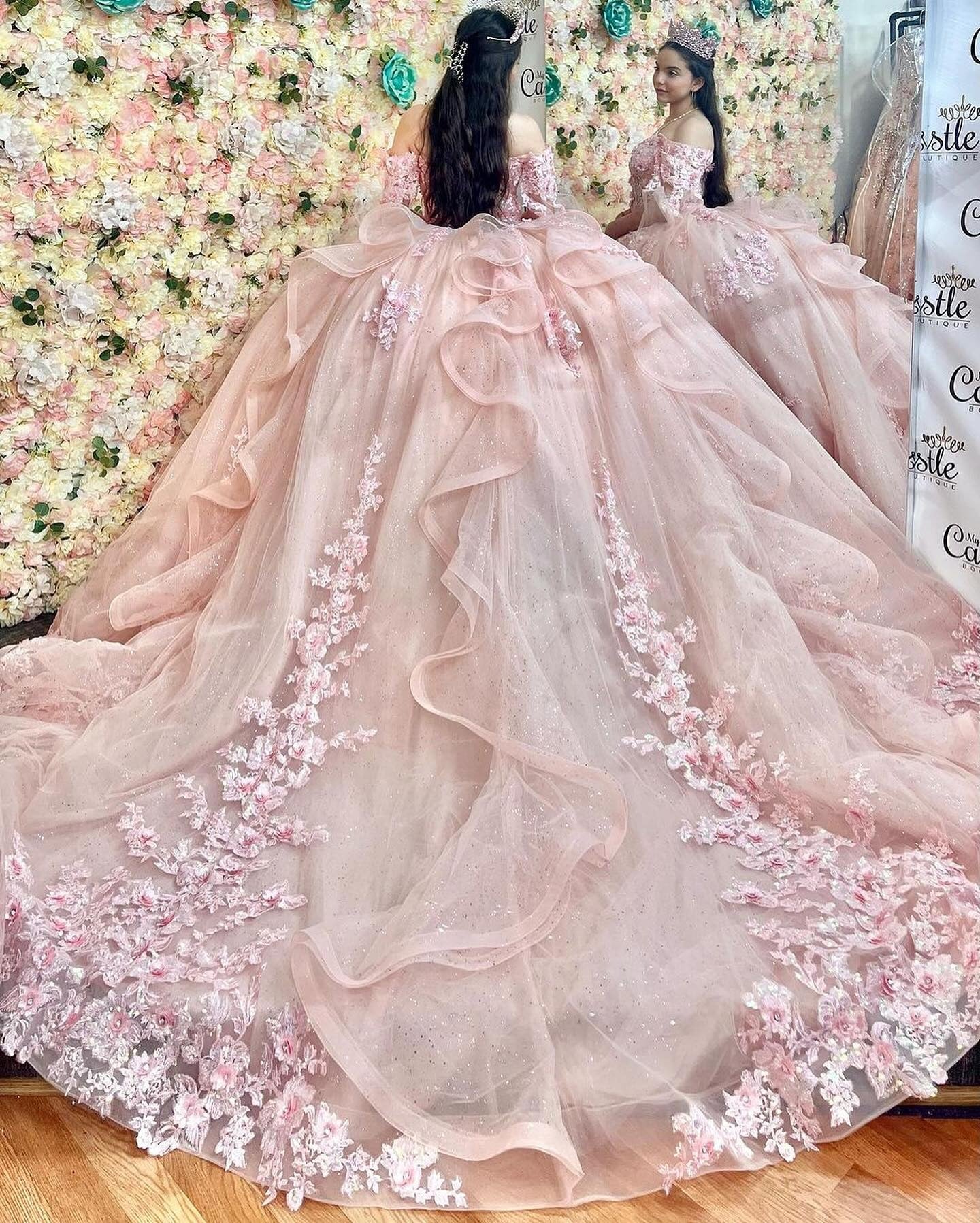 Misshow Off-Shoulder Ball Gown with Delicate Lace Appliques Pink Tulle Princess Dress for Quinceanera Sweet 16 & Birthday Parties