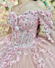 Misshow Off-Shoulder Ball Gown with Delicate Lace Appliques Pink Tulle Princess Dress for Quinceanera Sweet 16 & Birthday Parties