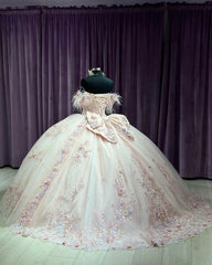 Misshow Off-Shoulder Ball Gown with Feather Accents Floral Lace Appliques and Beaded Bow Princess Quinceanera & Sweet 16 Party Dress