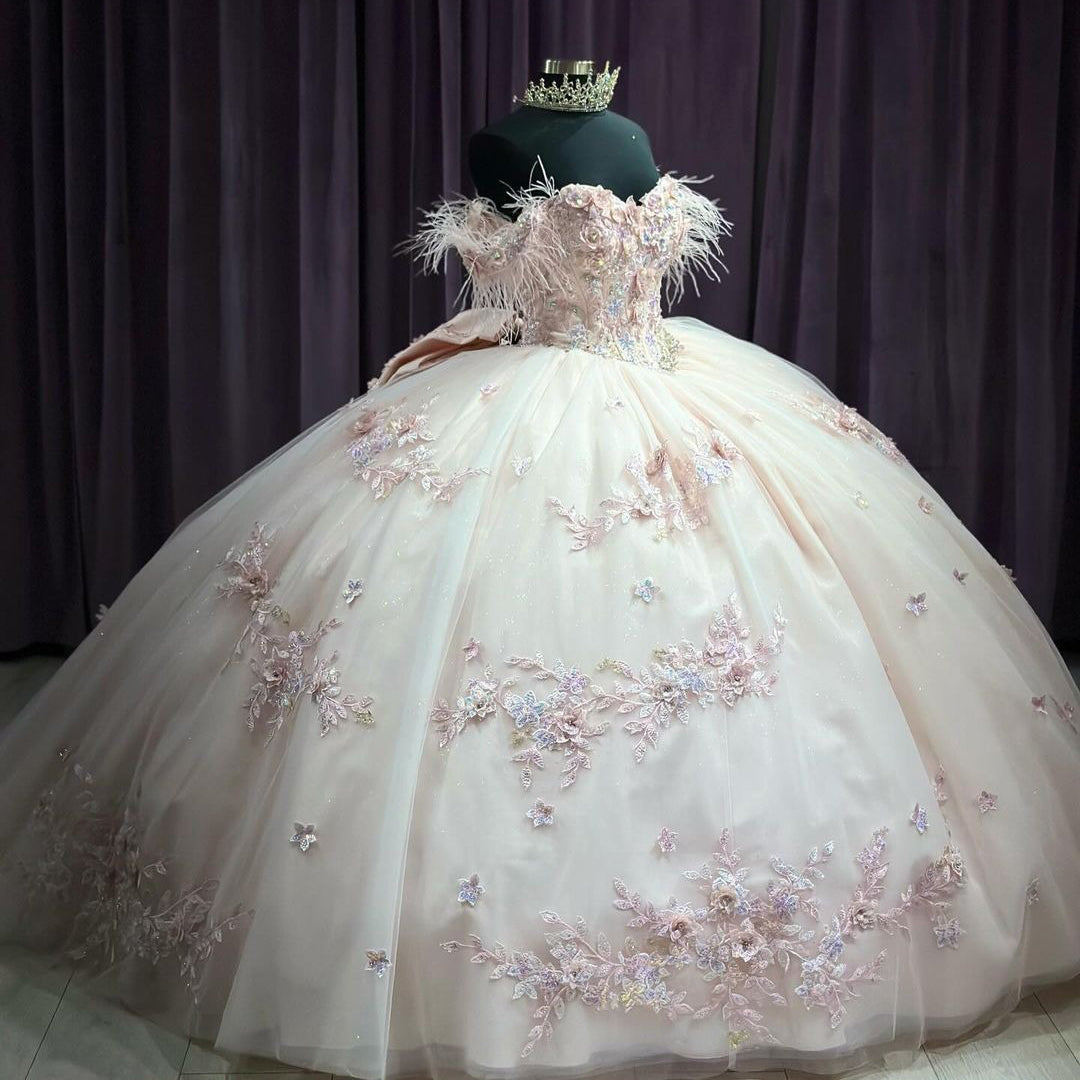 Misshow Off-Shoulder Ball Gown with Feather Accents Floral Lace Appliques and Beaded Bow Princess Quinceanera & Sweet 16 Party Dress