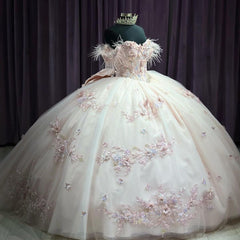 Misshow Off-Shoulder Ball Gown with Feather Accents Floral Lace Appliques and Beaded Bow Princess Quinceanera & Sweet 16 Party Dress